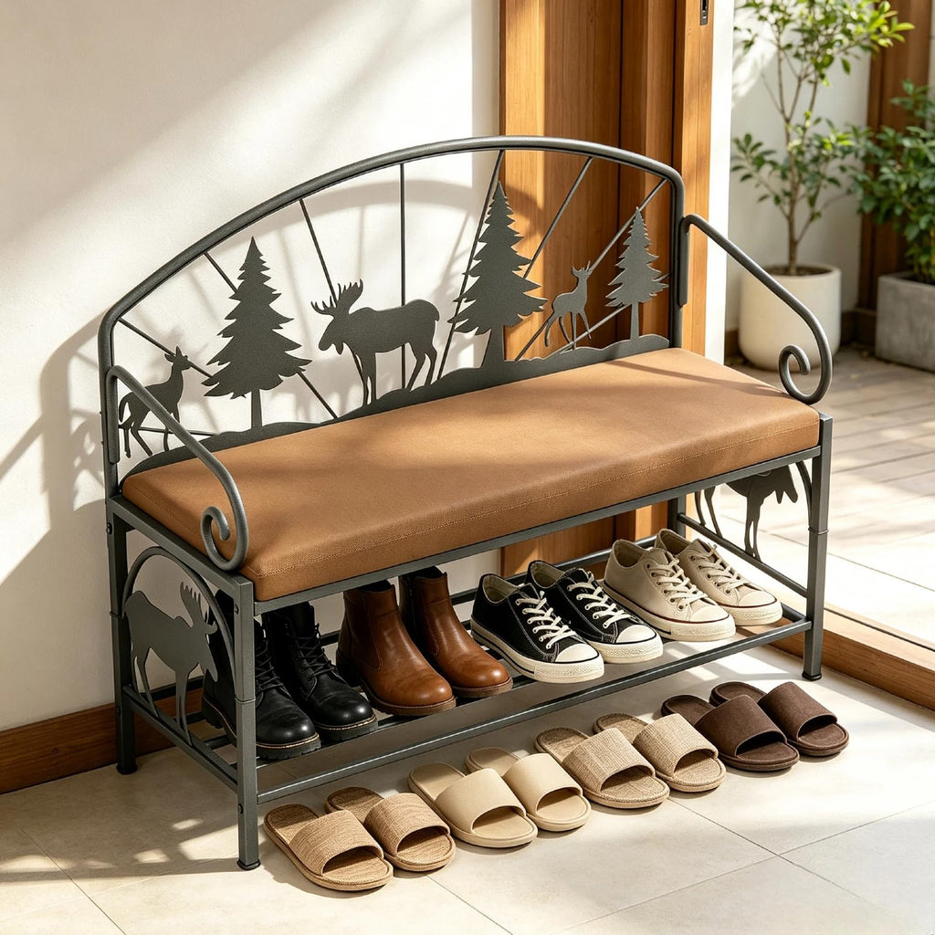 Metal Entryway Storage Bench with Cushion, Rustic Country Style
