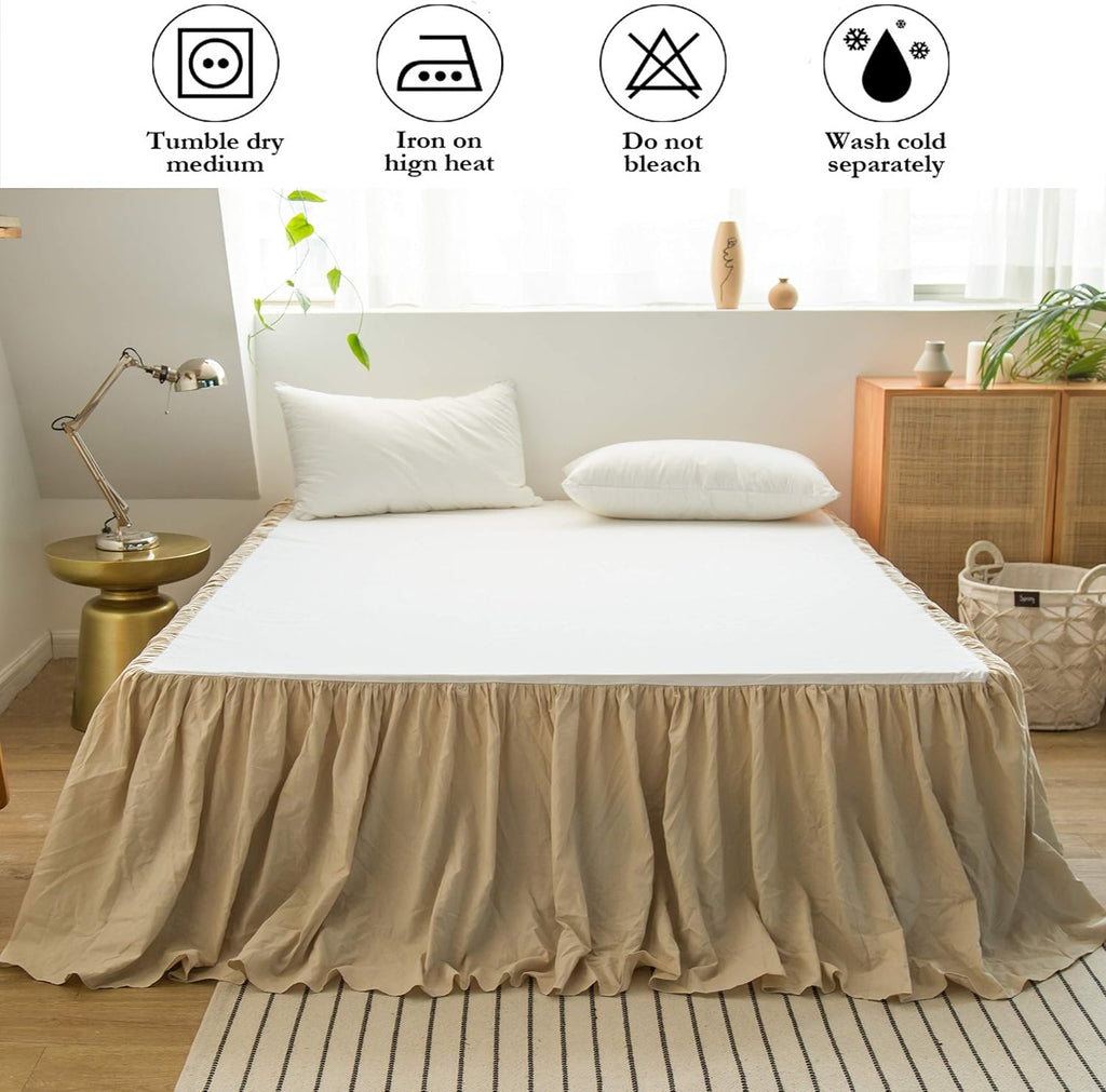 French Linen Bed Skirt with Pleated Frills 22-Inch Tailored Drop Natural Flax Cotton Blend Dust Ruffle Soft Cozy
