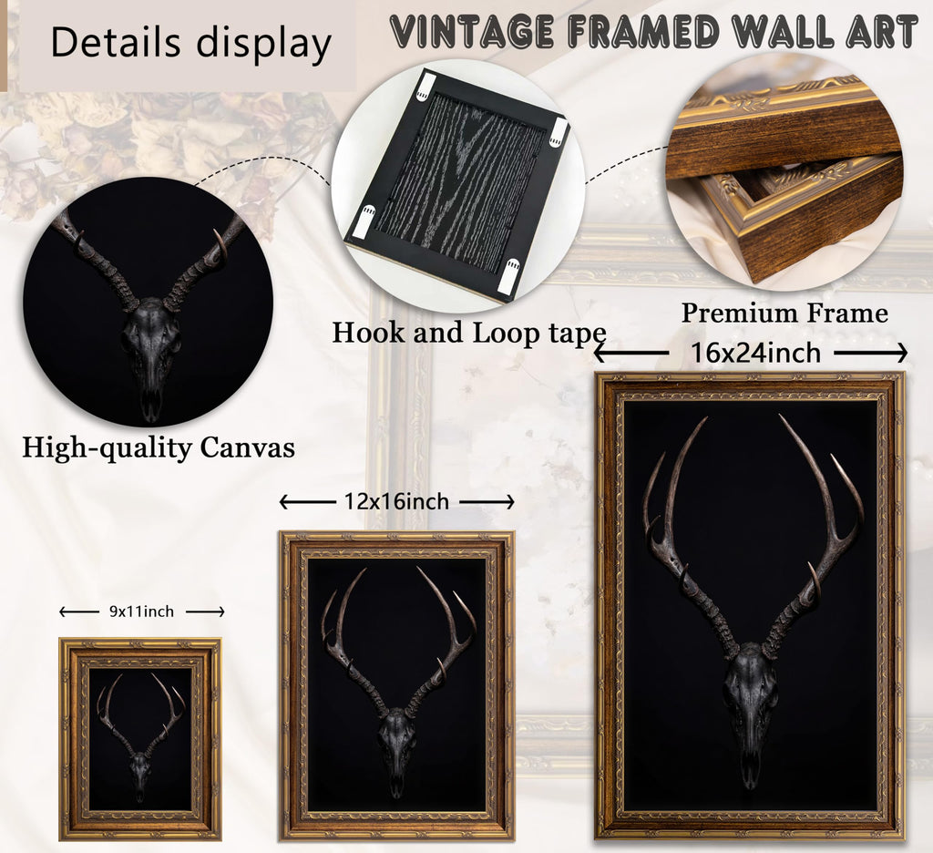 Vintage Gold Framed Gothic Wall Art, Black Deer Skull Canvas Print, Dark Academia Wall Decor, Spooky Witchcraftl