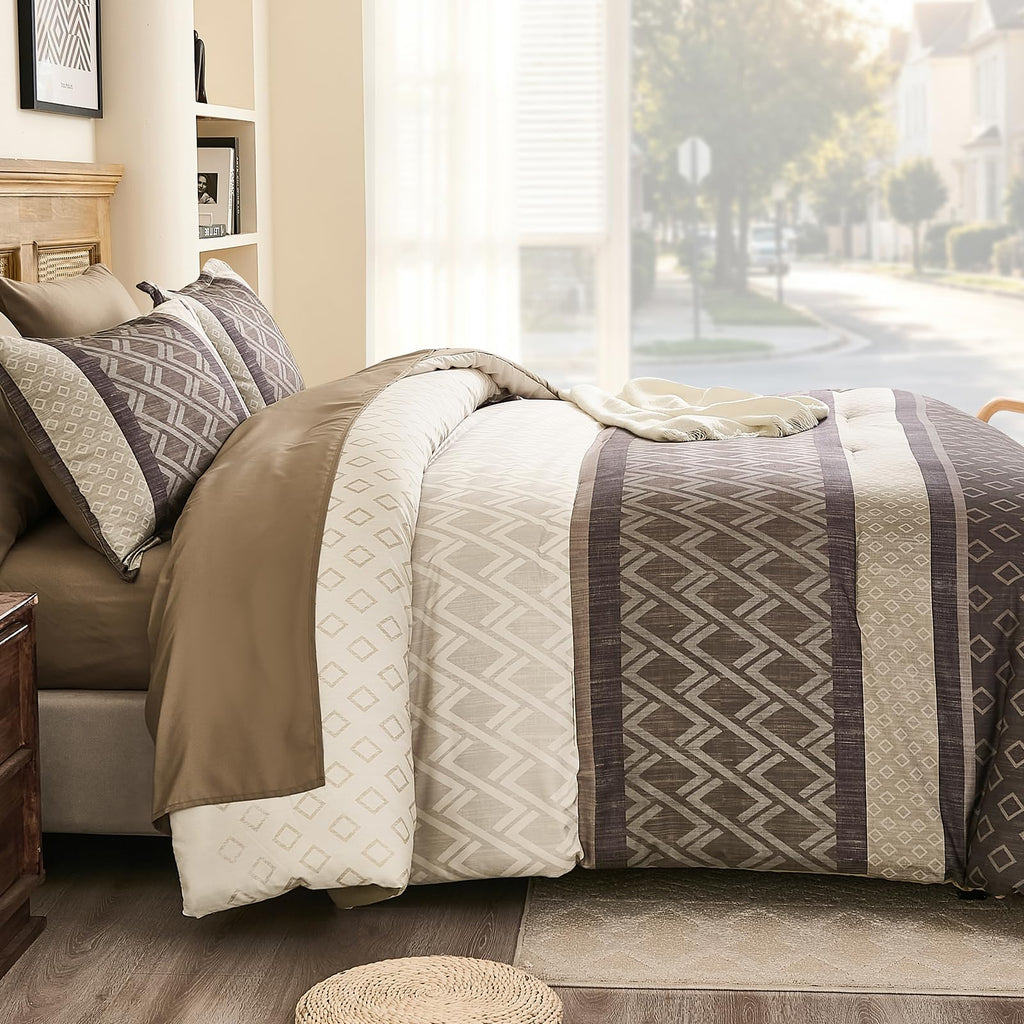 7-Piece Grey Brown Striped Comforter Set, Farmhouse Boho Bedding