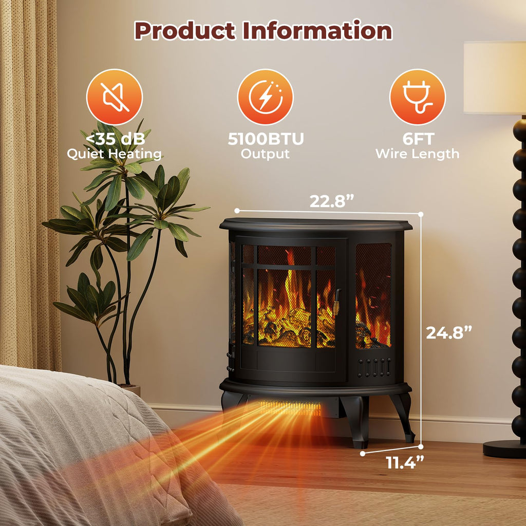 Electric Fireplace Stove-Oval Freestanding Fireplace Heater w/ 3D Flame, Thermostat Control, 1500W Quiet Heating