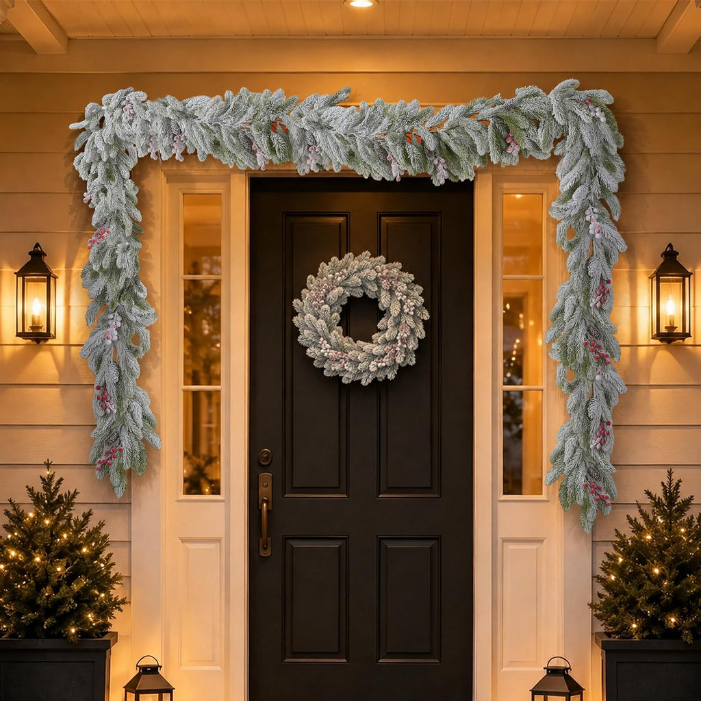 9ft Crestwood Flocked Garland with Red Berry Pine Cone(No Light)