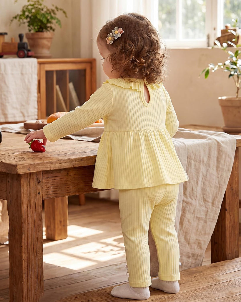 2 Piece Baby Girl Clothes Set Infant Ribbed Ruffle Top Bow Pants