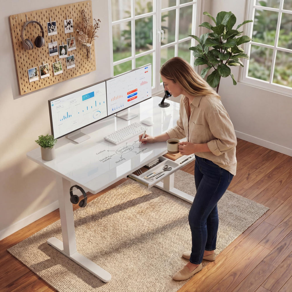 Glass Standing Desk with Drawers, Electric Adjustable Home Office Sit Stand Desk with One-Piece Desktop & USB