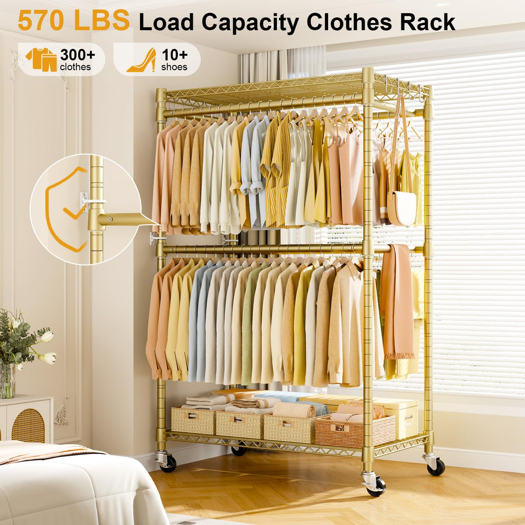 Rolling Clothes Rack, Clothing Racks for Hanging Clothes, Gold