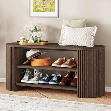 Shoe Storage Bench, Oval Fluted Entryway Bench with 5-Position Adjustable Shelf, Modern Mid-Century Wood Benches