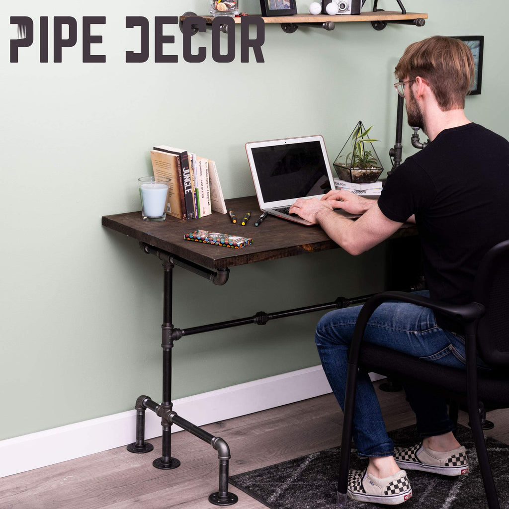 Industrial Pipe Desk Leg Set, Modern Home Office Writing or Computer Base Kit, Dark Grey Unfinished Steel Metal Pipe