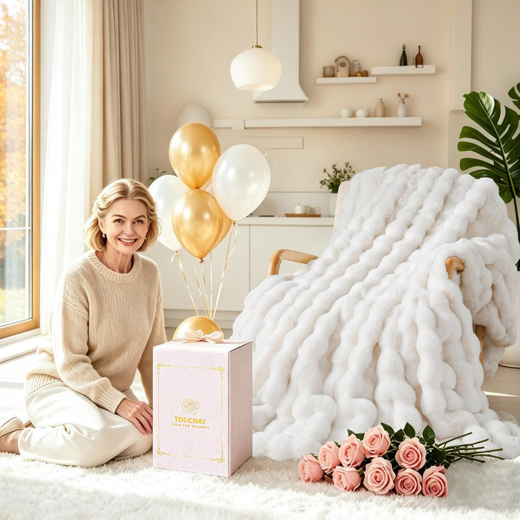 Luxury 1000GSM Faux Rabbit Fur Throw Blanket, Super Heavy Warm Cozy Blankets, Bubble Plush Fuzzy Elegant Soft Mink