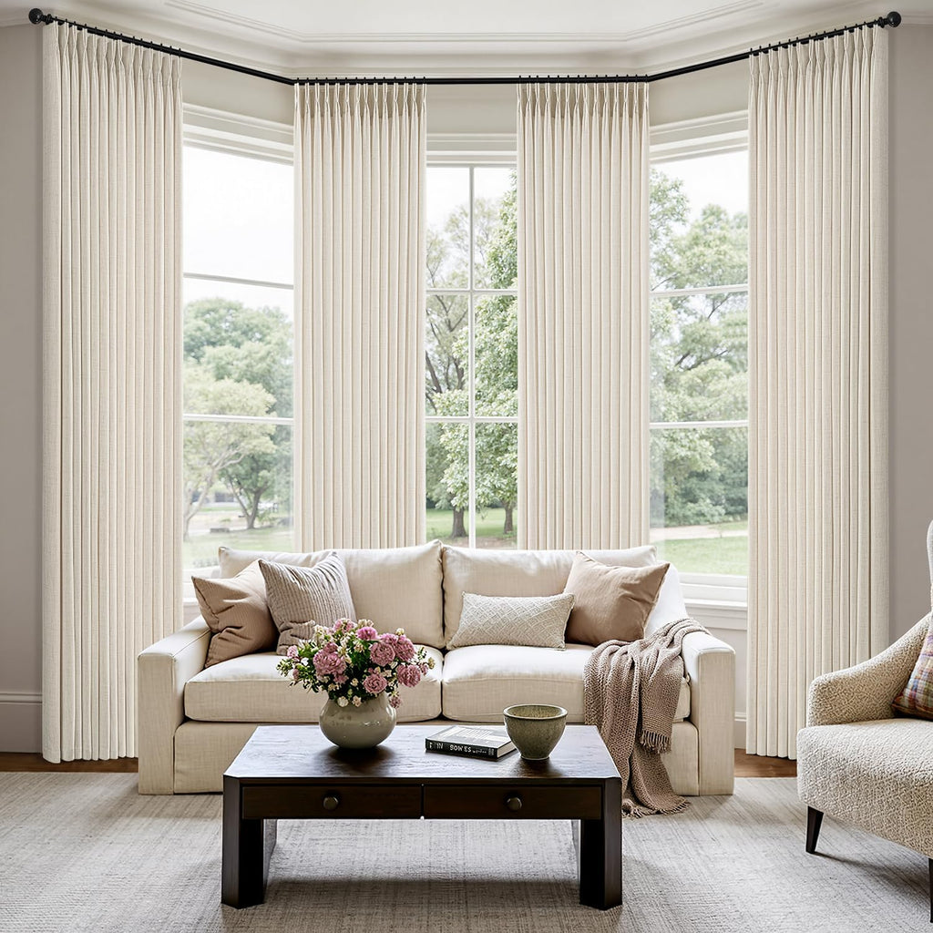 Pinch Pleated Thick Linen Curtains 90 Inches 4 Panels Set Ivory Cream Back Tab Memory Trained Pinch Pleat Semi Sheer