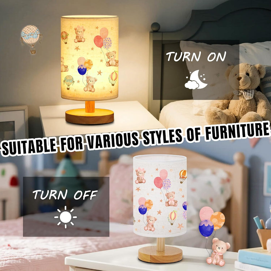 Bear Kids Table Lamp Kids Bedside Lamp with Linen Wooden Nightstand Cartoon Nursery Lampshade for Girls Boys Living