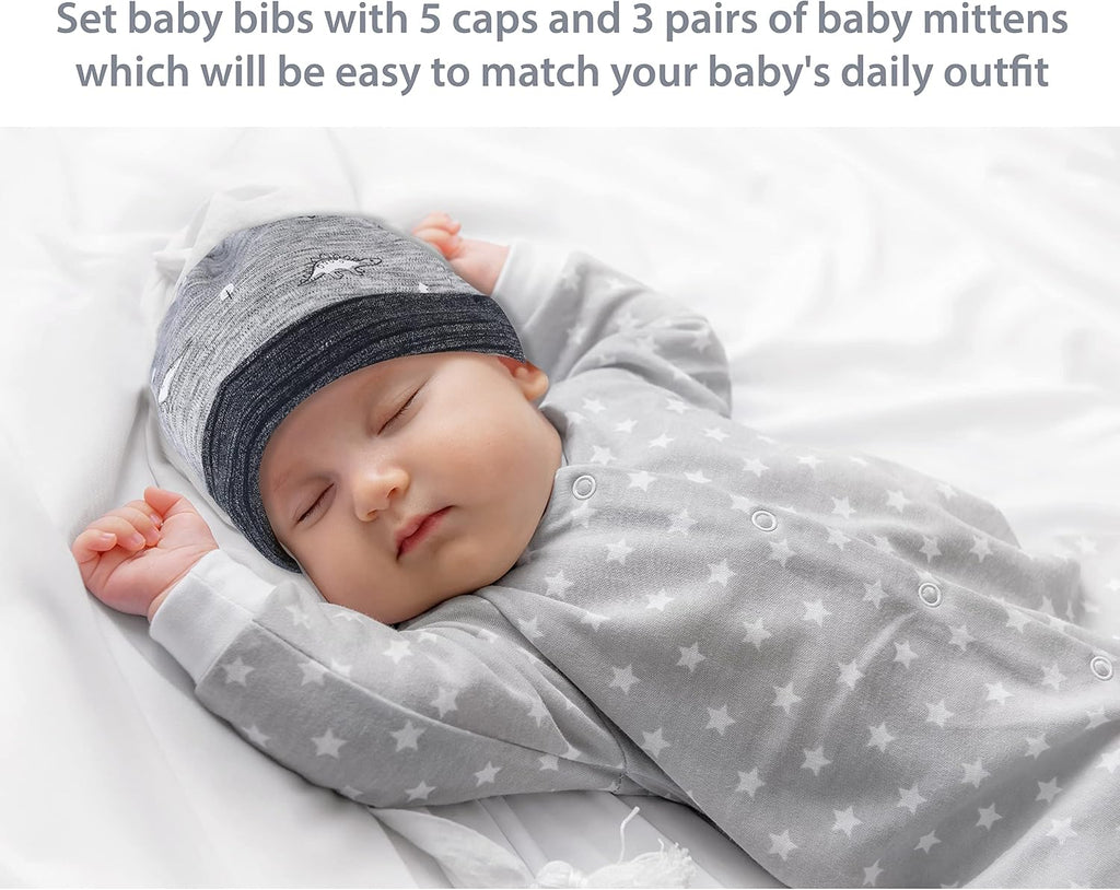 Organic Cotton Baby Mittens and Caps Set - Mittens for Newborn - Ultra Soft, No Scratch - 5 Caps x 3