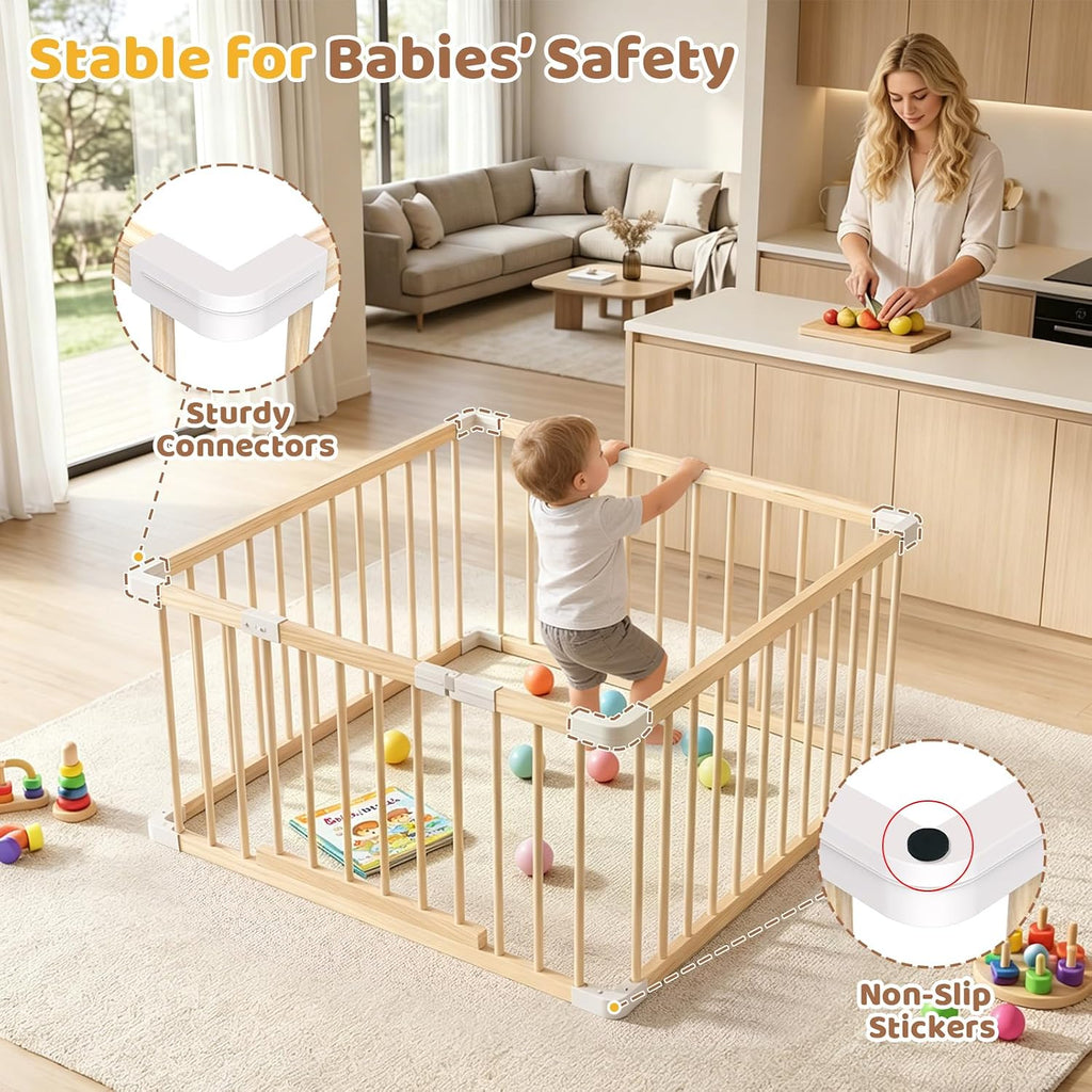 Small Wooden Baby Playpen, 36x36x24 Inch with Dual-Lock Safety Gate | Easy Assembly Activity Center, Space-Saving