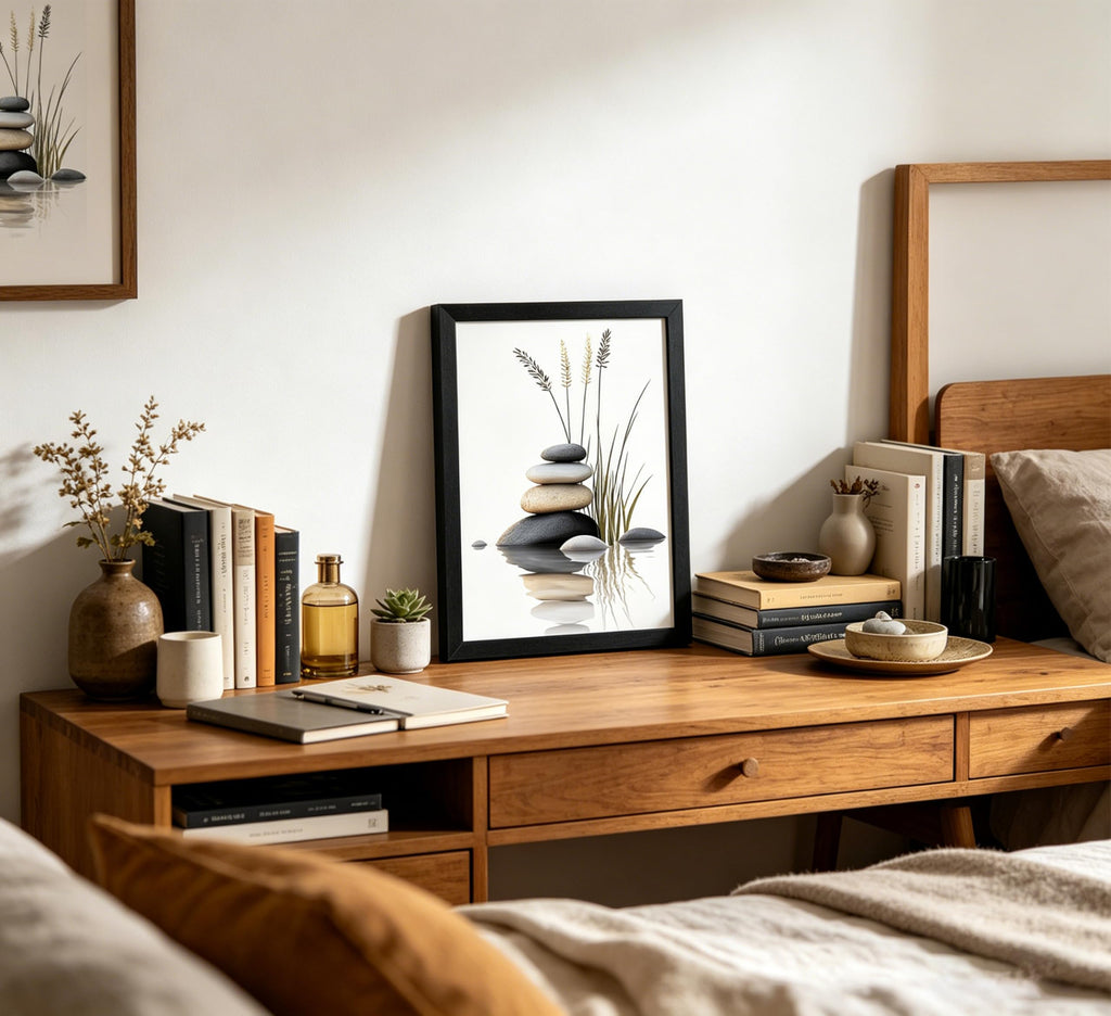 Framed Zen Stone Stack Wall Art, Black White Beige Balance Rocks with Grass Reed, Minimalist Water Reflection Canvas