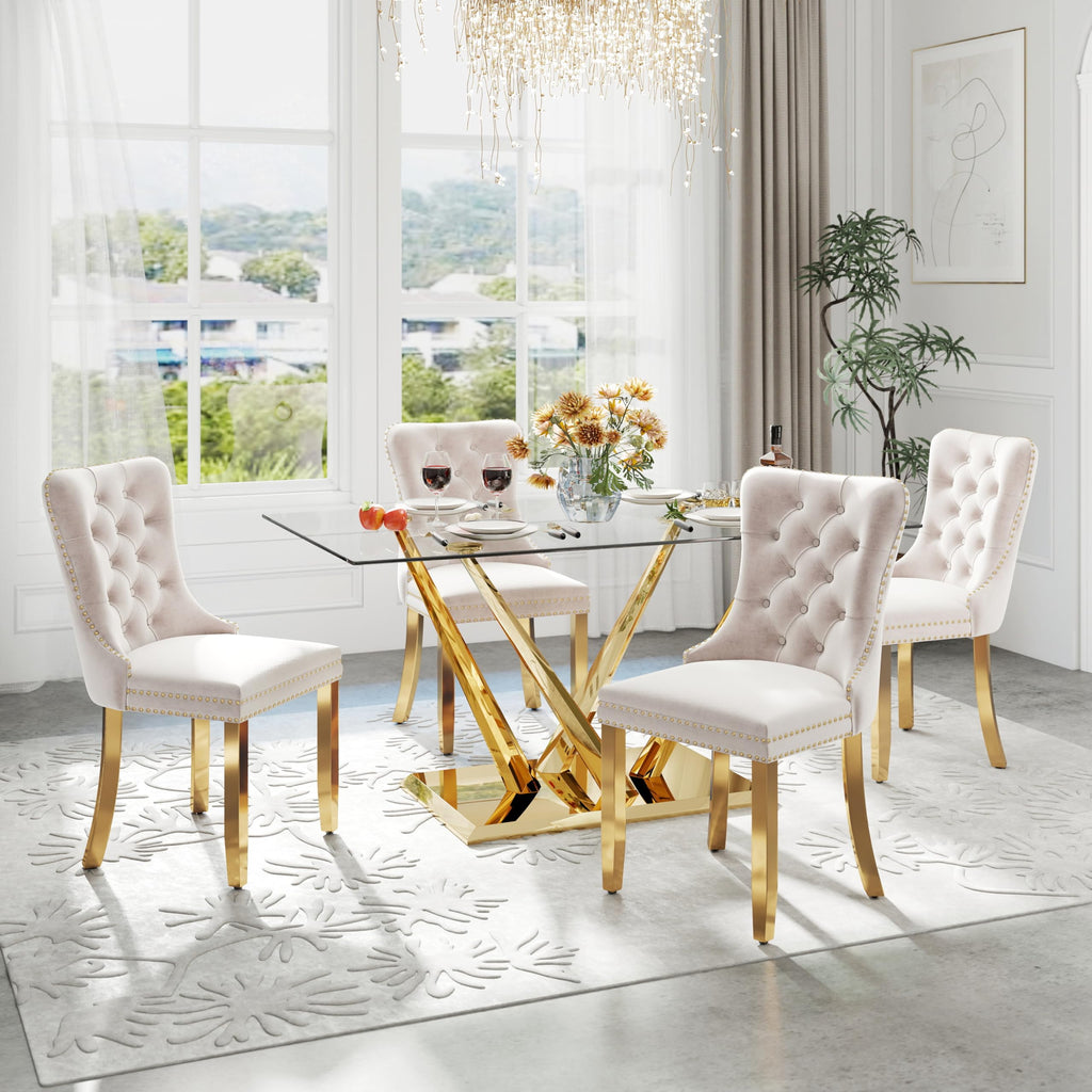 63'' Rectangular Glass Dining Table for 4-6, Luxury Kitchen Table with Tempered Glass and Aesthetic Gold Stainless
