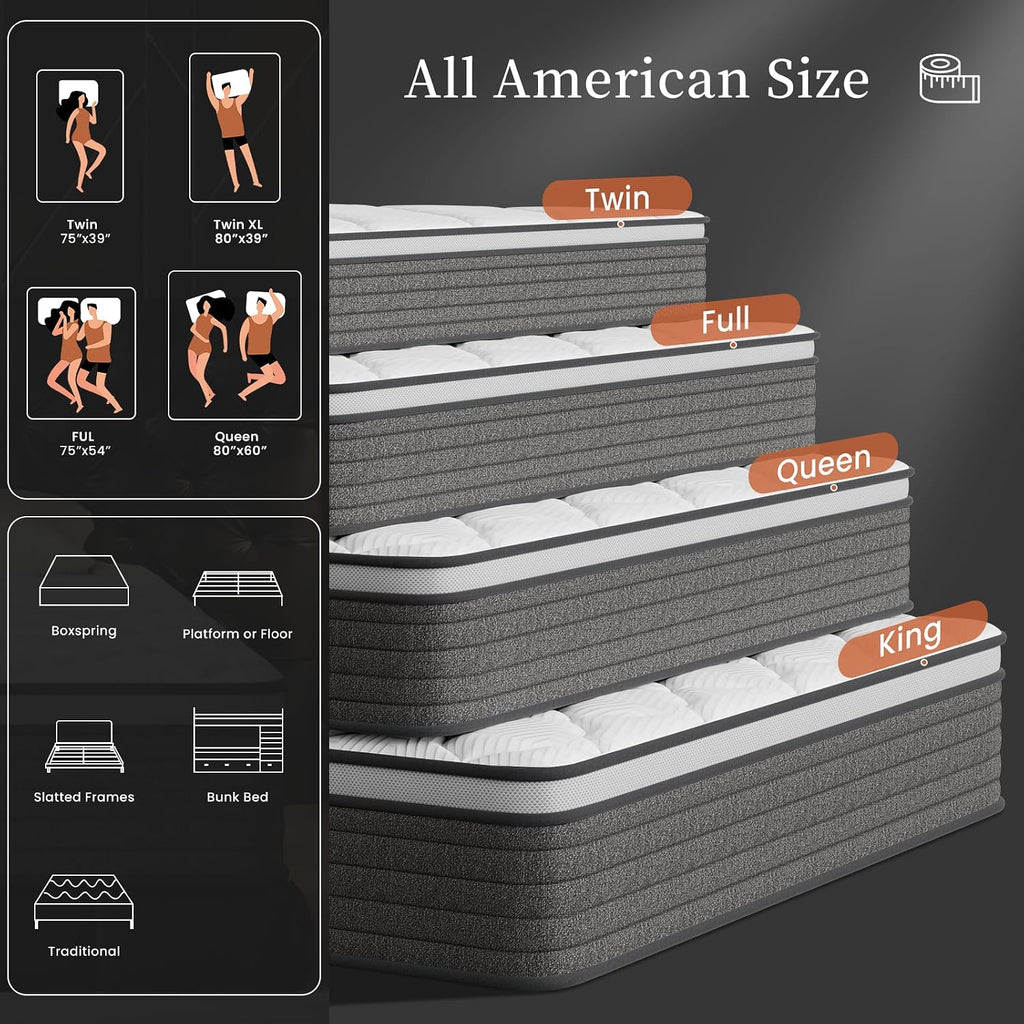 Queen Mattress 14 Inch Hybrid Queen Size-Gel Memory Foam Mattress in a Box, Individually Wrapped Pocket Spring
