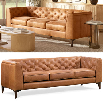 & BARK Essex 89" Full-Grain Italian Leather Sofa - Tufted Back, Feather-Down Comfort, Solid Wood Frame, Cognac Tan