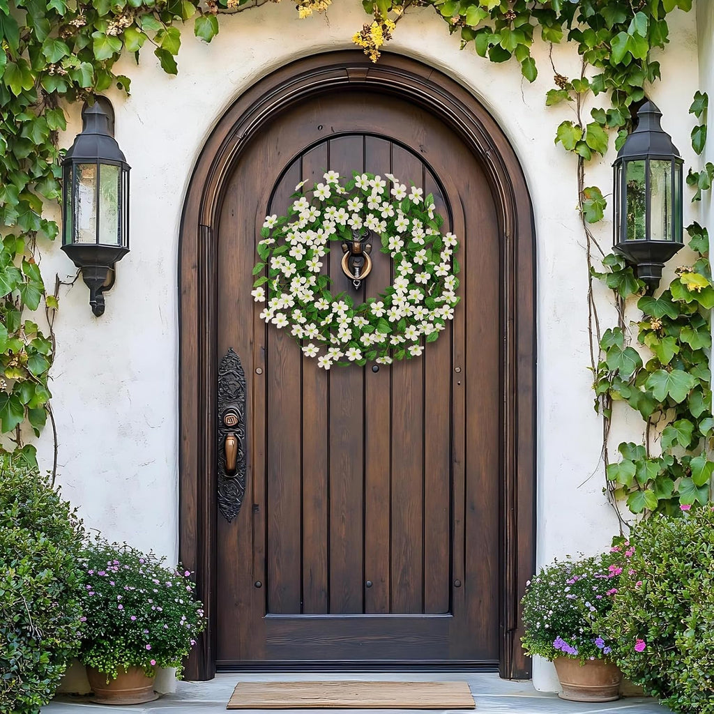 Artificial Eucalyptus Wreath for Front Door, 24 Inch Spring Summer Wreath with White Dogwood Flowers, All Season