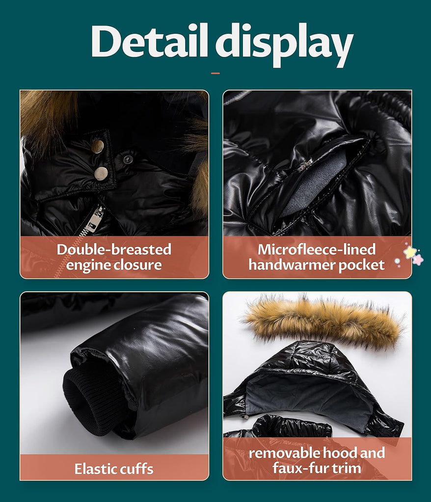 Girl's Kids Metallic Shiny Jacket with Detachable Fur Collar Warmth Winter Outerwear