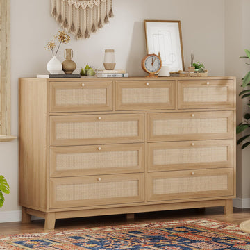 Rattan Dresser, 9 Drawer Dresser with Natural Rattan Drawers, Wooden Tall Cabinet with Gold Handles, Modern Closet