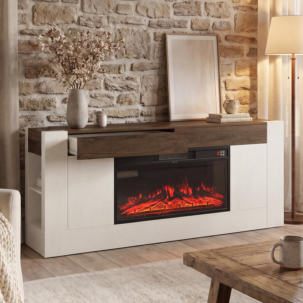 70 inch TV Stand for TVs Up to 80 Inches with Fireplace, White
