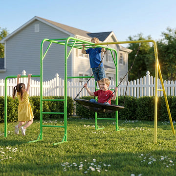 Monkey Bars Set for Backyard with Climbing Frame & Saucer Tree Swing, Metal Swing Set with Monkey Bars for Kids Age 3