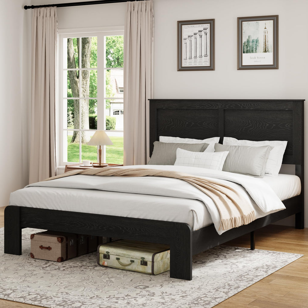 Wood Platform Bed Frame, Queen Size Bed Frame with Headboard, Black