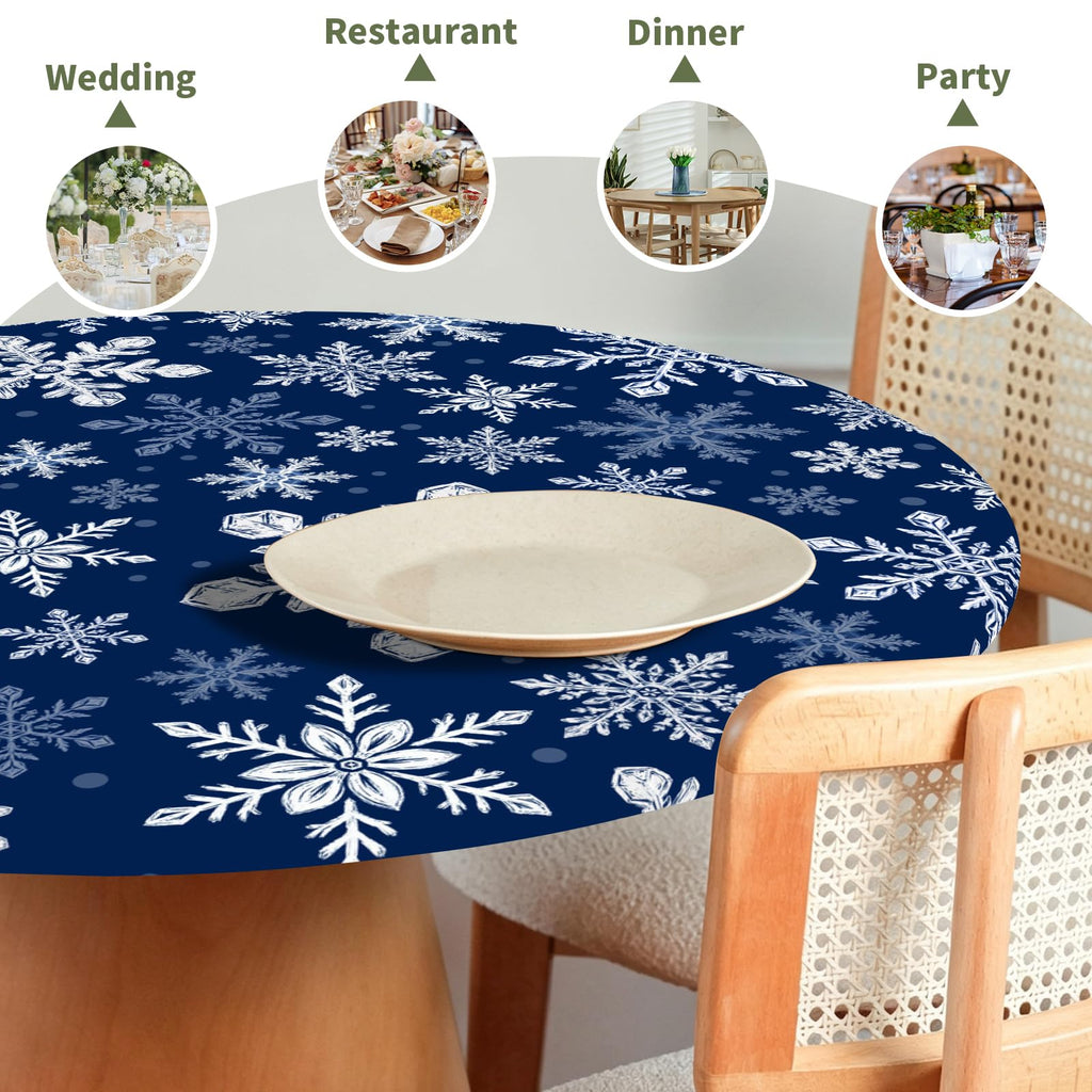 Blue Christmas Round Fitted Tablecloth with Elastic for 48"-52"
