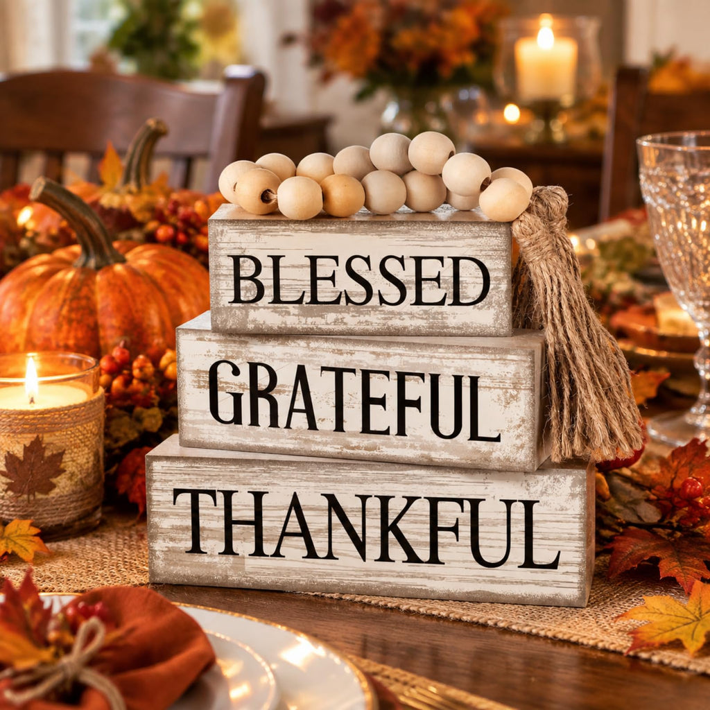 4 Pcs Farmhouse Thanksgiving Table Decor Stacked Wooden Block Sign