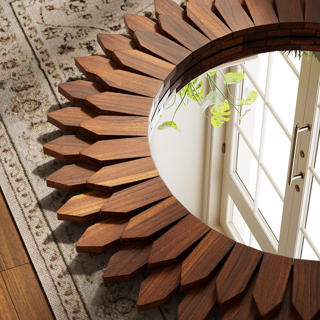 28" Walnut Round Sunburst Wooden Mirror Boho Rustic Wall Decor