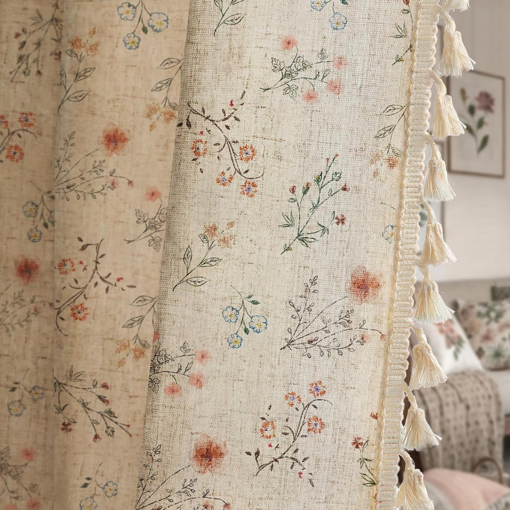 Boho Floral Spring Semi Sheer Curtains 84 Inch Length 2 Panels Set, Linen Texture Farmhouse Light Filtering Curtains