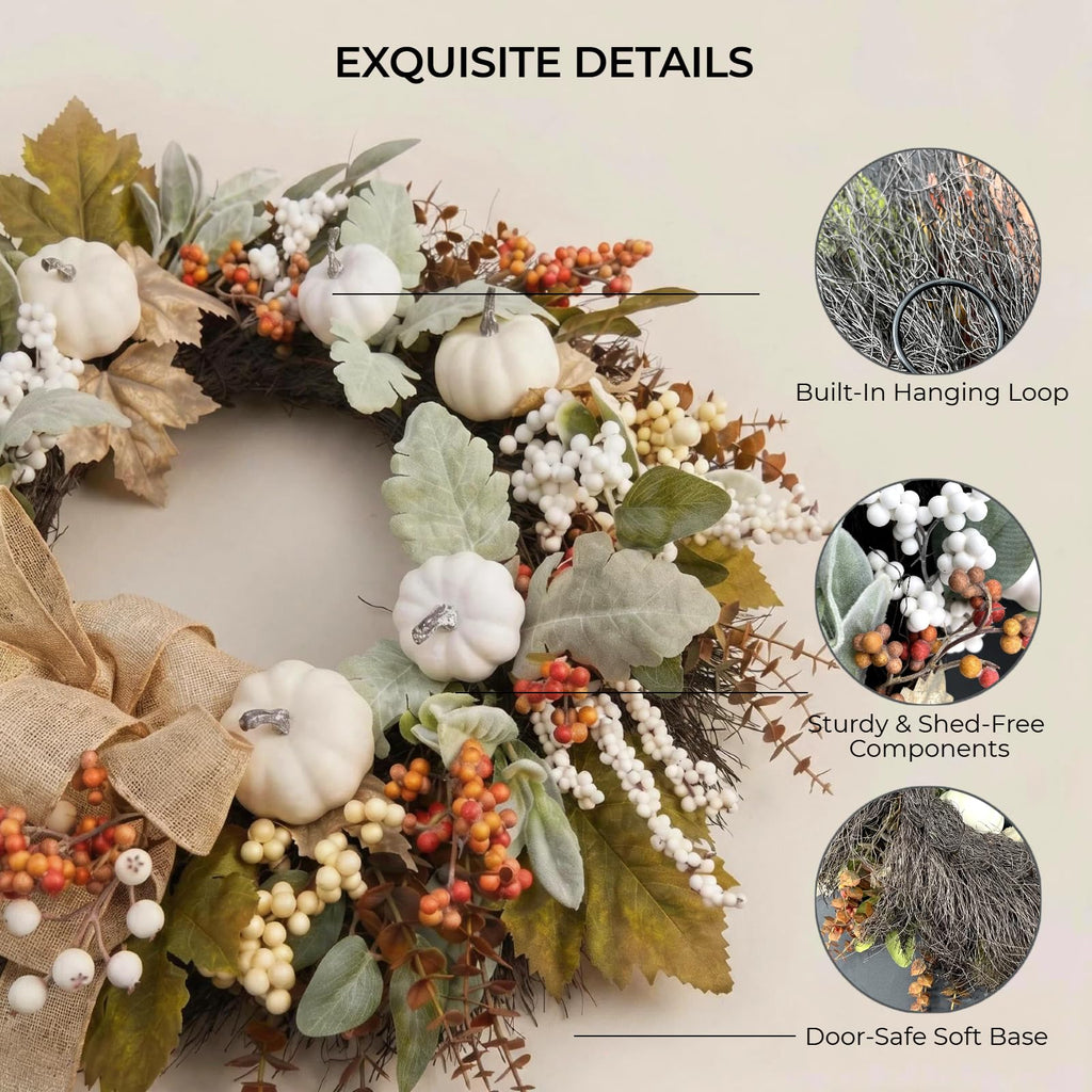 24 Inch Neutral Fall Wreath for Front Door with White Pumpkins & Bow