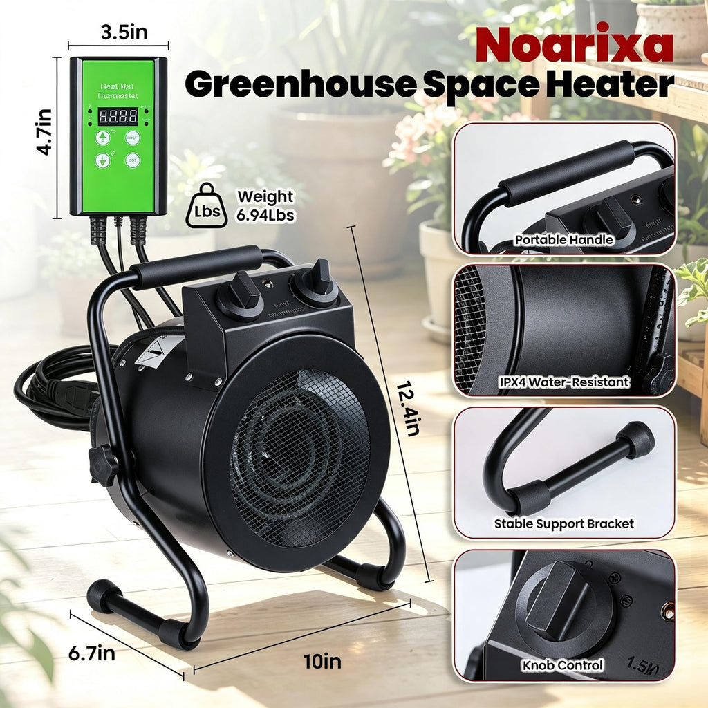 Greenhouse Heater with Thermostat, Electric Outdoor Heaters, Black