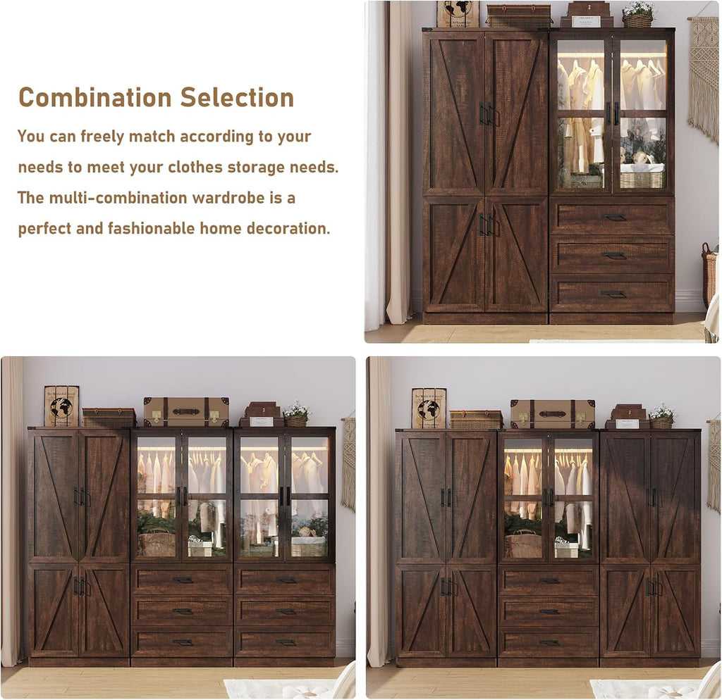75" Tall Farmhouse 2 Doors Armoire Wardrobe Closet with 3 Drawers and LED,Freestanding Closet Wardrobe Cabinet with
