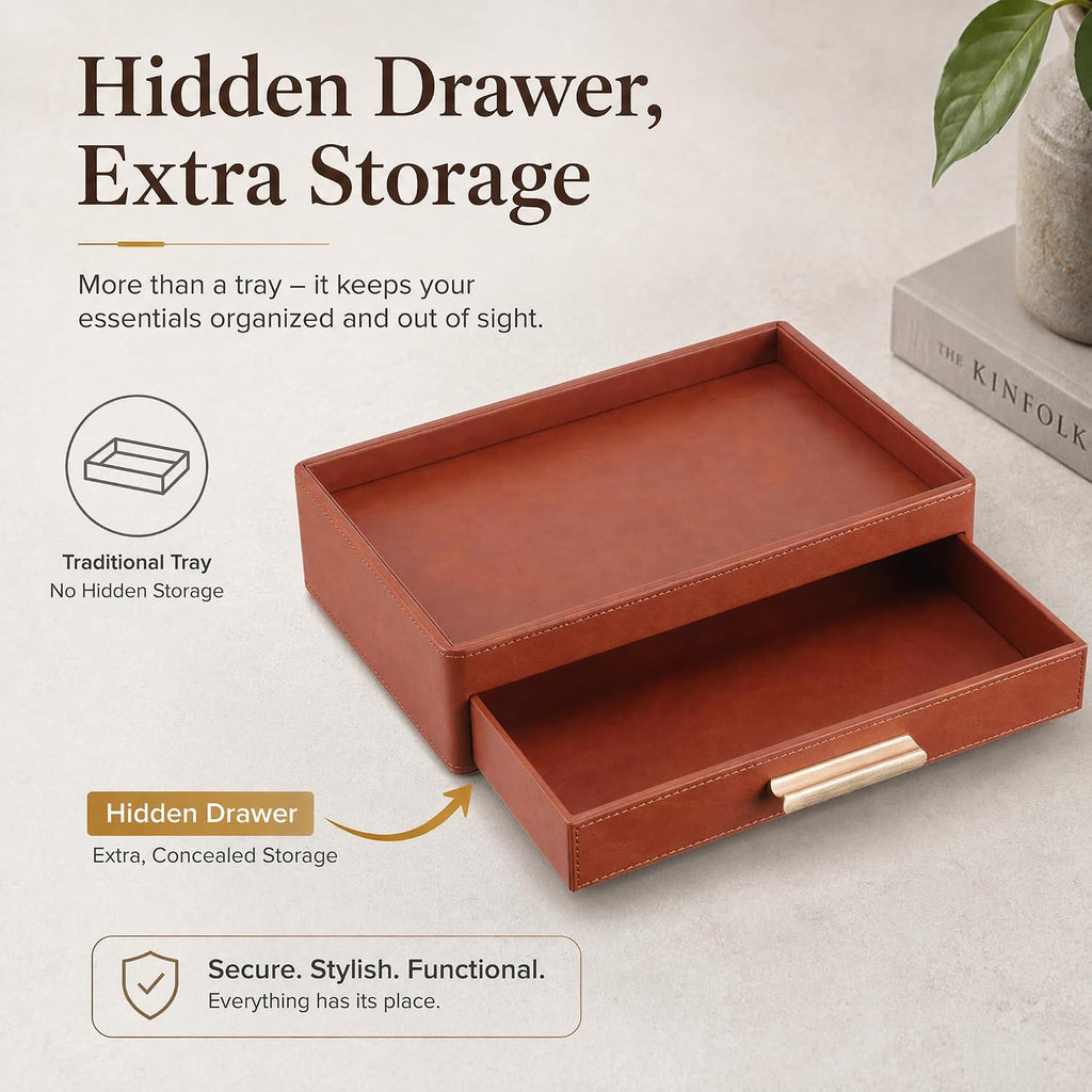 Leather Valet Tray with Drawer for Men, Nightstand Organizer, Brown