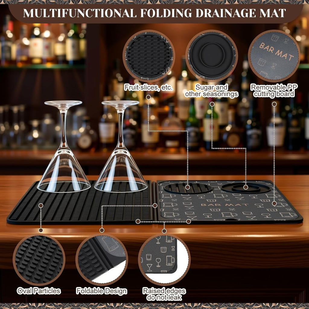 Cocktail Shaker Set and Bartender Kit with Stand, 18 x 12 Inch Folding Bar Mat with Cutting Board, 3 Tier Bar - Set of 28