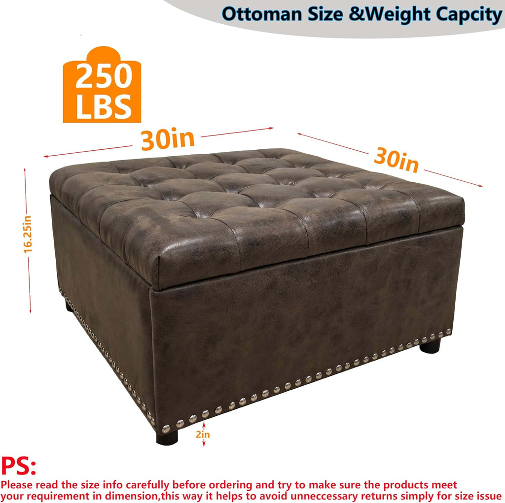 Brown PU Leather Large Square Storage Ottoman with Nailhead Trim ,30" Vintage Faux Leather Upholstered Ottoman Coffee