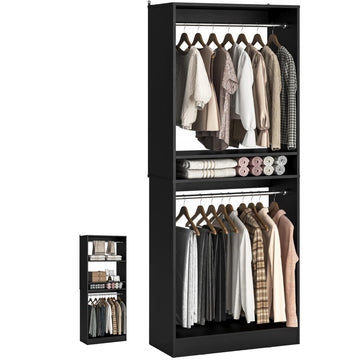 25" Closet Organizer System with Hanging Rods and Shelves, Black