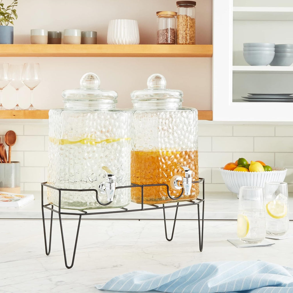 Glass Beverage Drink Dispenser w/Metal Stand, 1.5 Gal - Set of 2