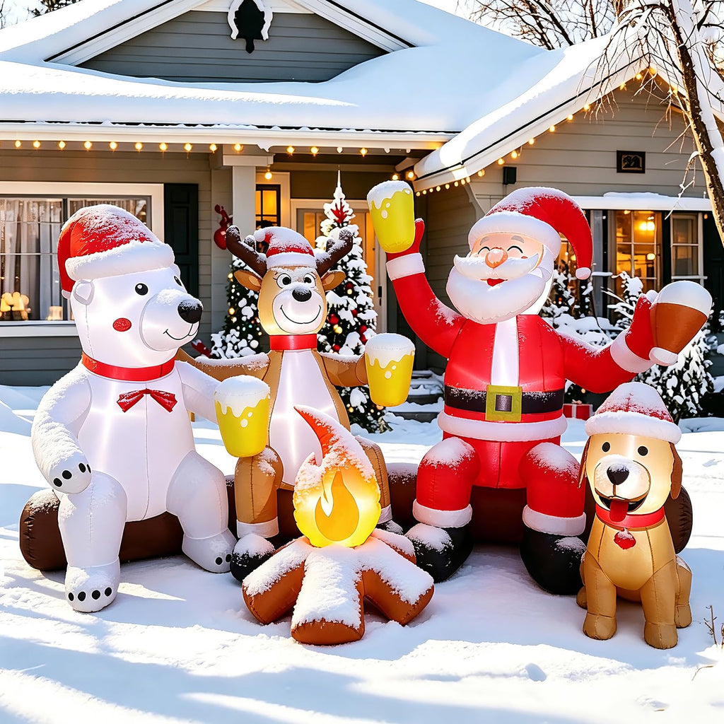 8FT Christmas Inflatable Outdoor Decoration with Built-in LEDs Lights, Blow-Up Santa Claus, Bear and Deer Keeping