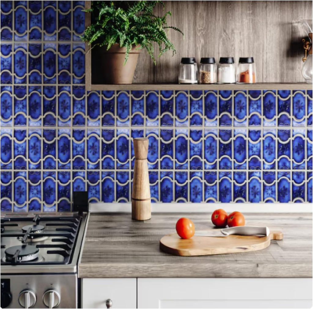 Marble Royal Blue Glossy Porcelain Mosaic Tile on 6x12 Mesh for Pool, Bathroom, Shower, Kitchen Backsplash, Accent