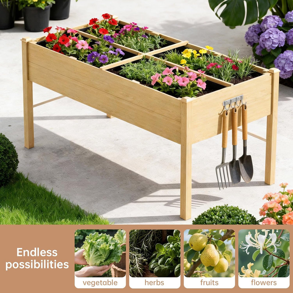 Raised Garden Bed Outdoor, 48 x 24 x 30 Inch Elevated Wooden Garden Bed with Legs and Liner, Raised Beds for