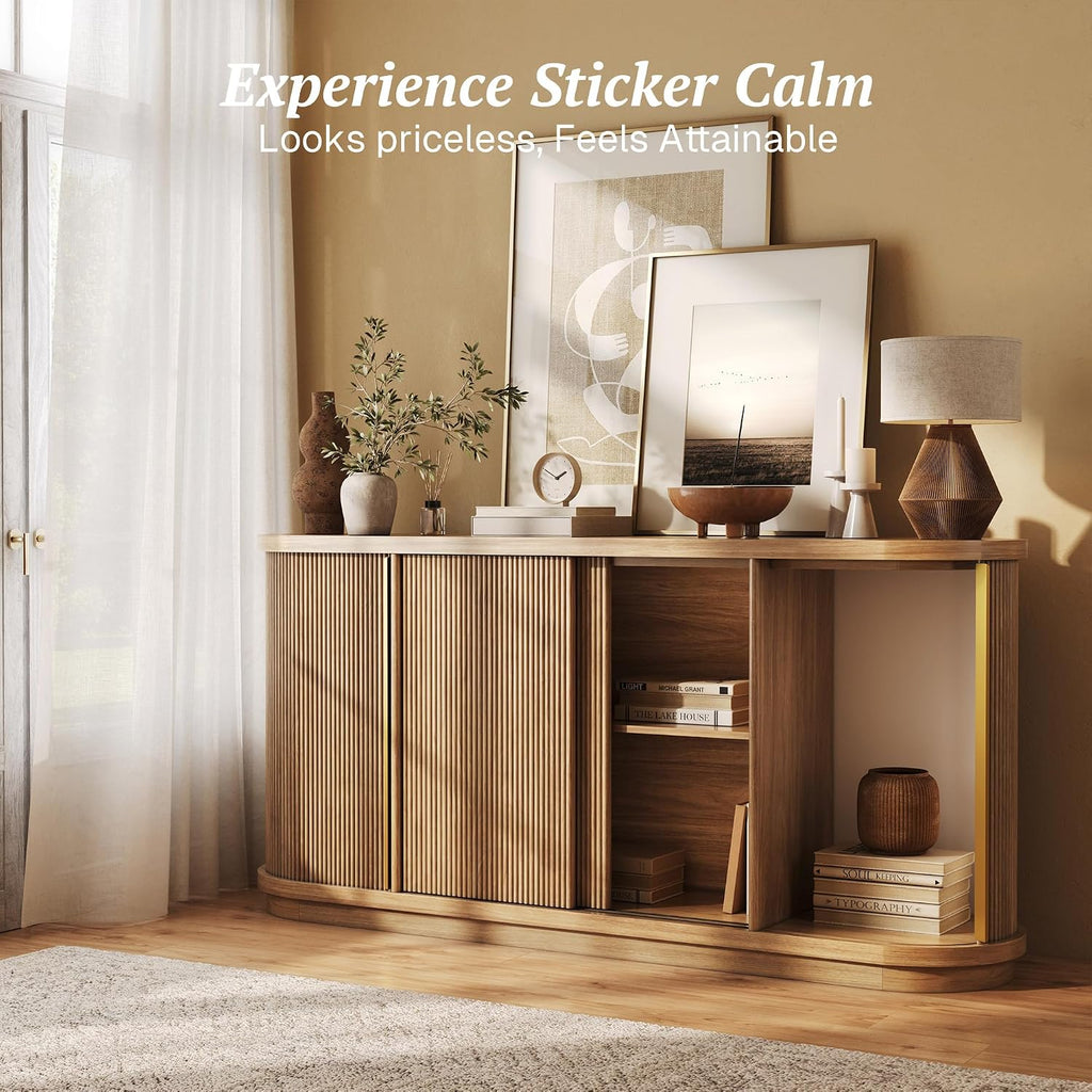 Turin 67" Sideboard Buffet Cabinet-Camel | Modern Style,Fluted Wood Sliding Tambour Door,Oval Curved,Gold
