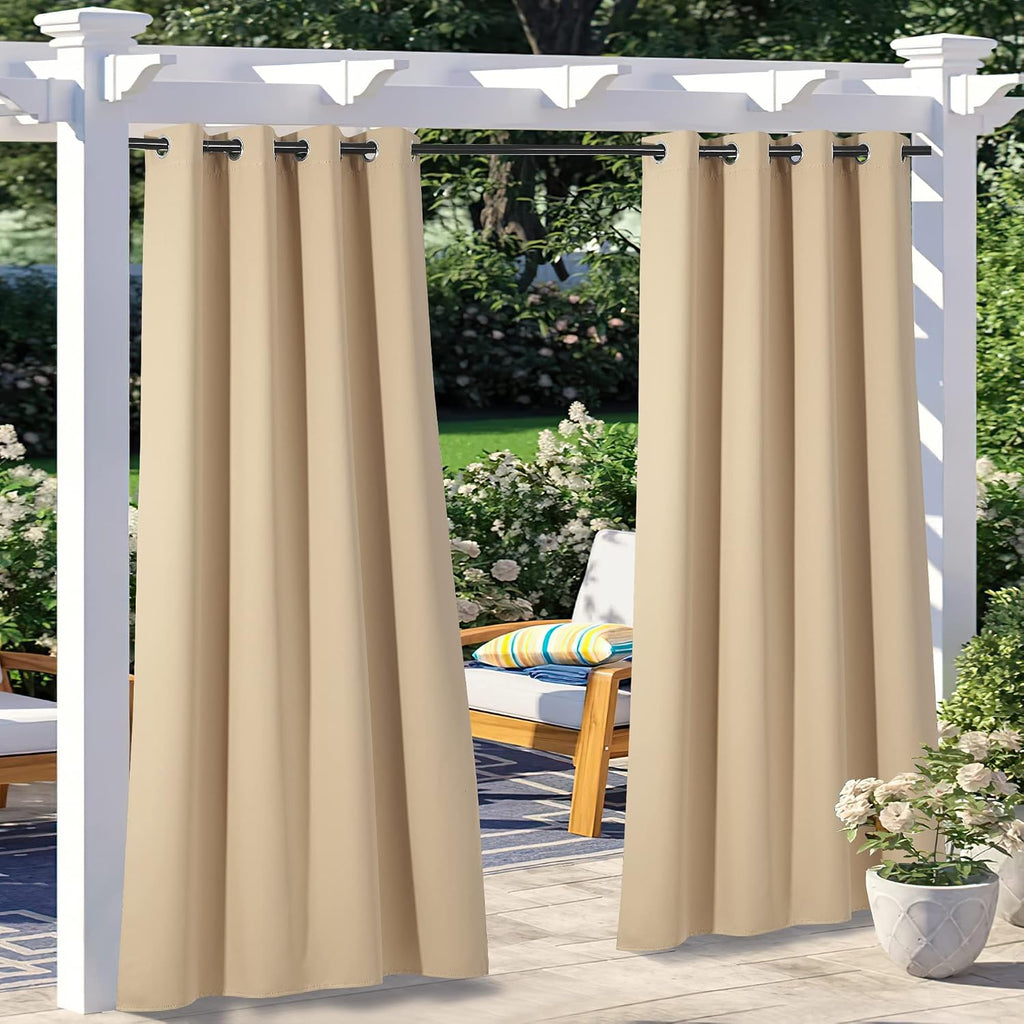 2 Panels Outdoor Curtains Waterproof 108" Long, Triple Weave Stainless Steel Silver Grommet Thermal Insulated Privacy