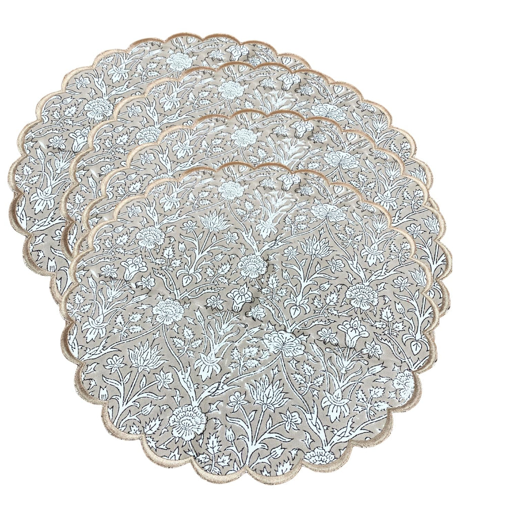 Floral Block Print Round Placemats 15 Inch, Set of 4, Taupe