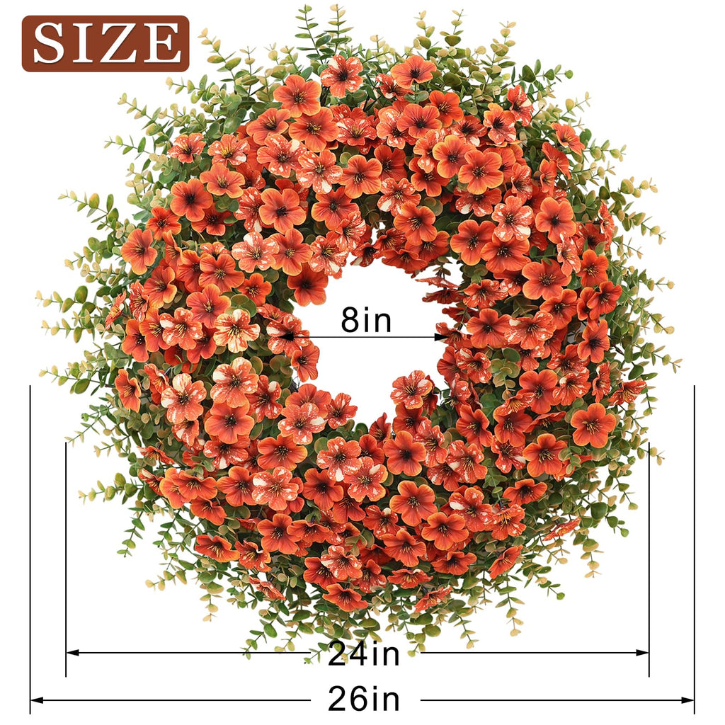 26" Large Artificial Silk Flower Eucalyptus Wreath for Outdoor(Fall Orange)