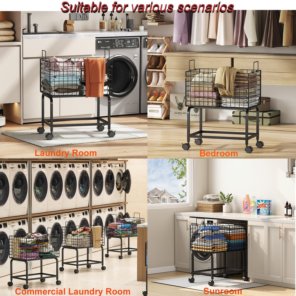 Wire Laundry Hamper Cart,Rolling Laundry Carts with Pull Handle,Black Tall Laundry Basket,Commercial Wire Laundry