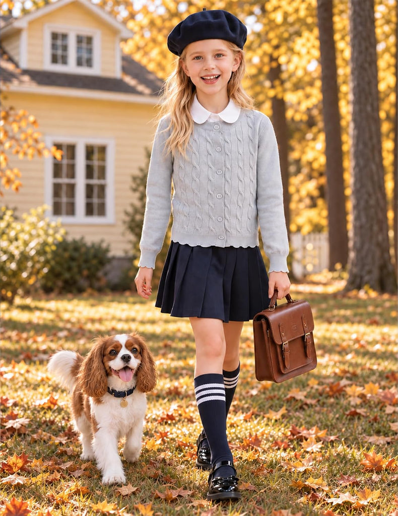 Girls Cable Knit Cardigan Kids Button Up Uniform Sweater Tops