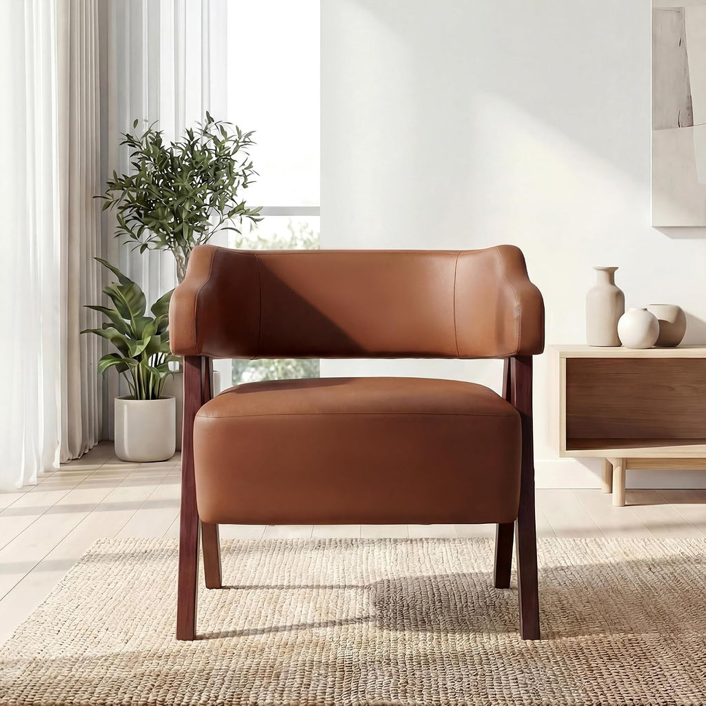 Faux Leather Barrel Accent Chair with Solid Wood Frame (Brown,1)