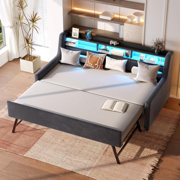 Twin to King Daybed with Pop Up Trundle, King Size Day Bed Frame with LED Lights, USB/Type C Charging Station
