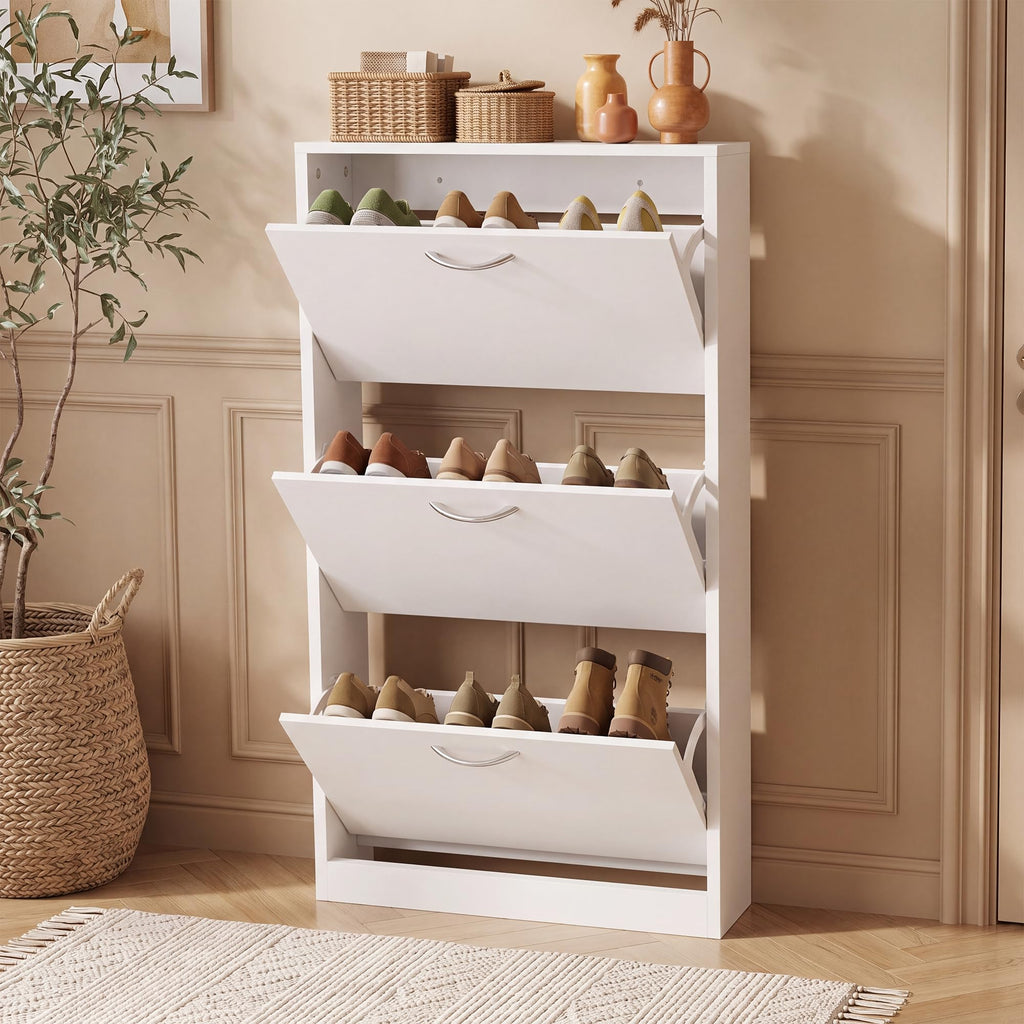 Shoe Cabinet, Narrow Shoe Storage with 3 Flip Drawers